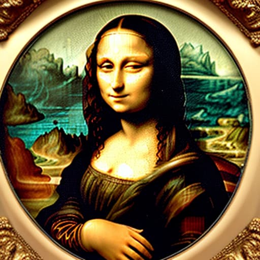  The Mona Lisa with a white plate of fine dark chocolate candy pieces. Enlarged background. Painted in the style of Leonardo Da Vinci.