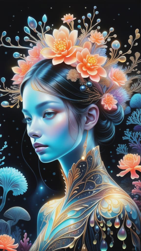  photo RAW, (Ultra detailed illustration of a person lost in a magical world of wonders, glowy, bioluminescent flora, incredibly detailed, pastel colors, art by Mschiffer, night, bioluminescence, ultrarealistic, hyperrealistice, hyperdetailed: shiny aura, highly detailed, black pearls, gold and coral filigree, intricate motifs, organic tracery, Kiernan Shipka, Januz Miralles, Hikari Shimoda, glowing stardust by W. Zelmer, perfect composition, smooth, sharp focus, sparkling particles, lively coral reef colored background Realistic, realism, hd, 35mm photograph, 8k), masterpiece, award winning photography, natural light, perfect composition, high detail, hyper realistic, add depth, water background