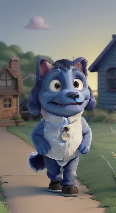  {Max walking back towards the cozy little house with droopy eyes, as twilight falls, The big blue dog is large with sky blue fur, big round eyes, a black nose, and floppy ears.