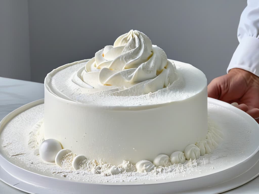  A closeup, ultradetailed image of a pair of hands carefully measuring flour on a sleek, white marble countertop. The hands belong to a person wearing a pristine white chef's jacket with subtle, elegant embroidery on the cuffs. The flour is cascading gently from a silver measuring cup, creating a mesmerizing cloud of tiny particles caught in the air. The precision and focus in the person's expression convey a sense of dedication and expertise in the art of pastrymaking. hyperrealistic, full body, detailed clothing, highly detailed, cinematic lighting, stunningly beautiful, intricate, sharp focus, f/1. 8, 85mm, (centered image composition), (professionally color graded), ((bright soft diffused light)), volumetric fog, trending on instagram, trending on tumblr, HDR 4K, 8K