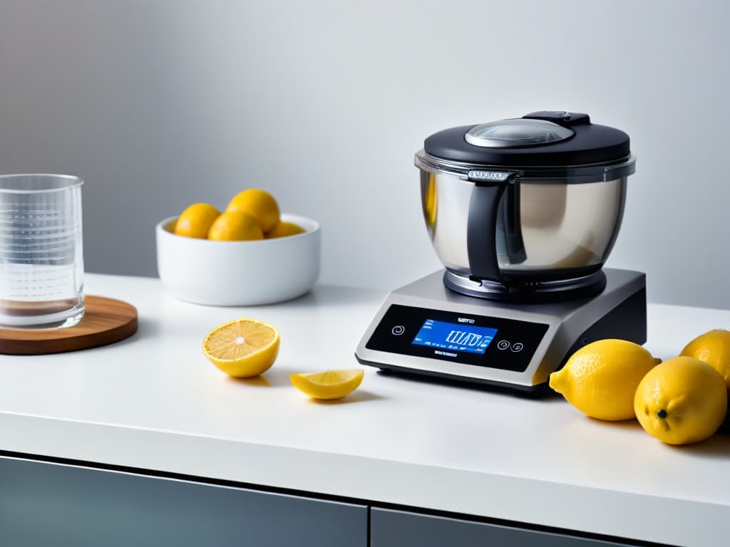  An ultradetailed image of a sleek, minimalistic kitchen counter with hightech gadgets like a digital scale, a tablet displaying a recipe app, and a modern stand mixer. The counter is clutterfree, emphasizing the focus on innovative technology in the creation of desserts. The color palette is muted with subtle pops of pastel colors from ingredients like berries and lemons placed neatly in the background, adding a touch of freshness to the scene. hyperrealistic, full body, detailed clothing, highly detailed, cinematic lighting, stunningly beautiful, intricate, sharp focus, f/1. 8, 85mm, (centered image composition), (professionally color graded), ((bright soft diffused light)), volumetric fog, trending on instagram, trending on tumblr, HDR 4K, 8K