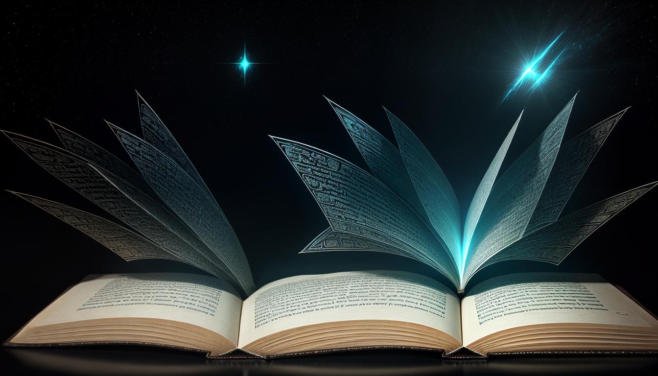  cinematic, aesthetic, An open book with glowing pages, words floating off the pages, detailed with ancient scripts and symbols, hovering above a tranquil water surface, book symbolizing insight, knowledge, inner motivations, 4k, HDR, lens flare