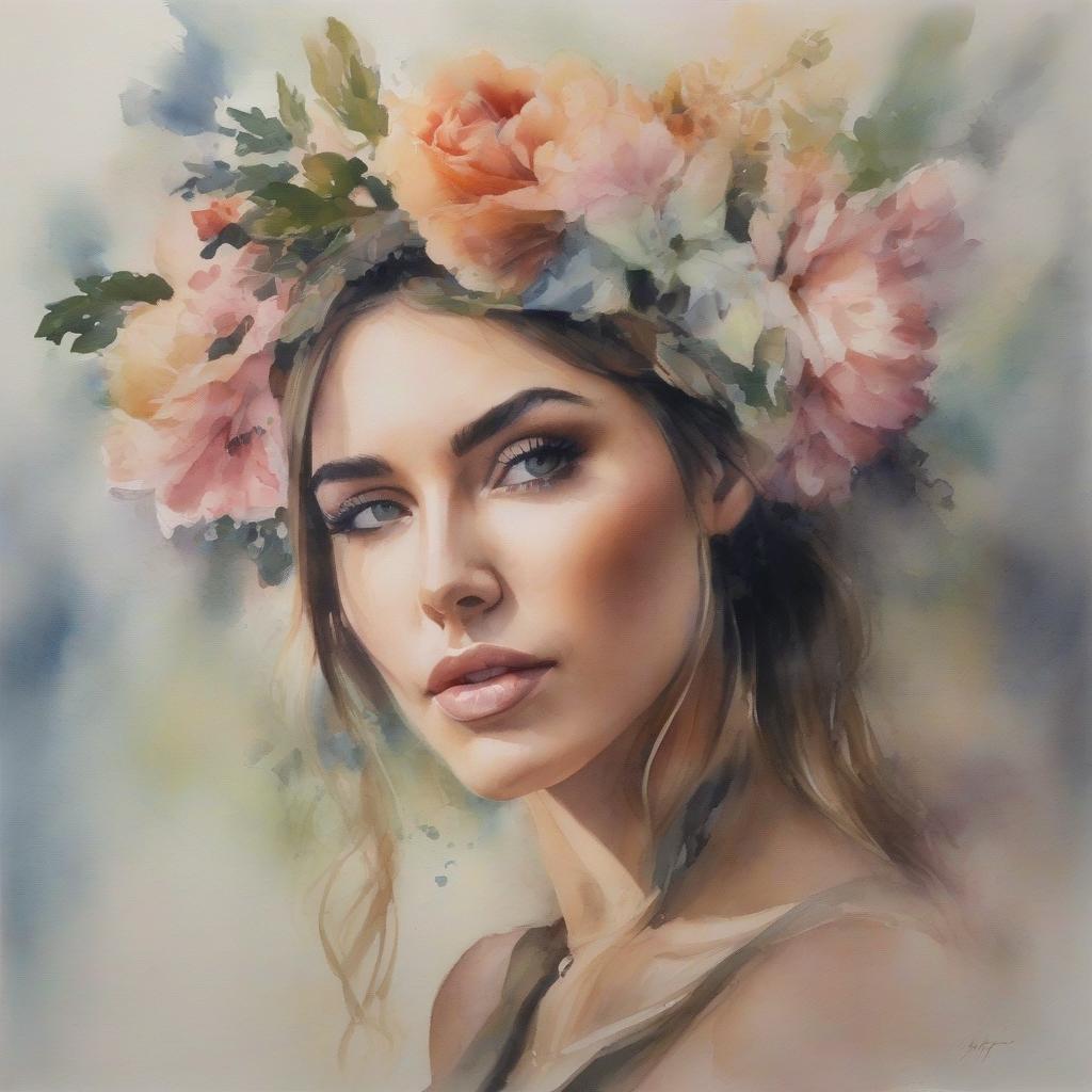  watercolor painting A watercolor painting of a young woman with a floral wreath on her head, featuring soft colors and a dreamy expression. . vibrant, beautiful, painterly, detailed, textural, artistic hyperrealistic, full body, detailed clothing, highly detailed, cinematic lighting, stunningly beautiful, intricate, sharp focus, f/1. 8, 85mm, (centered image composition), (professionally color graded), ((bright soft diffused light)), volumetric fog, trending on instagram, trending on tumblr, HDR 4K, 8K