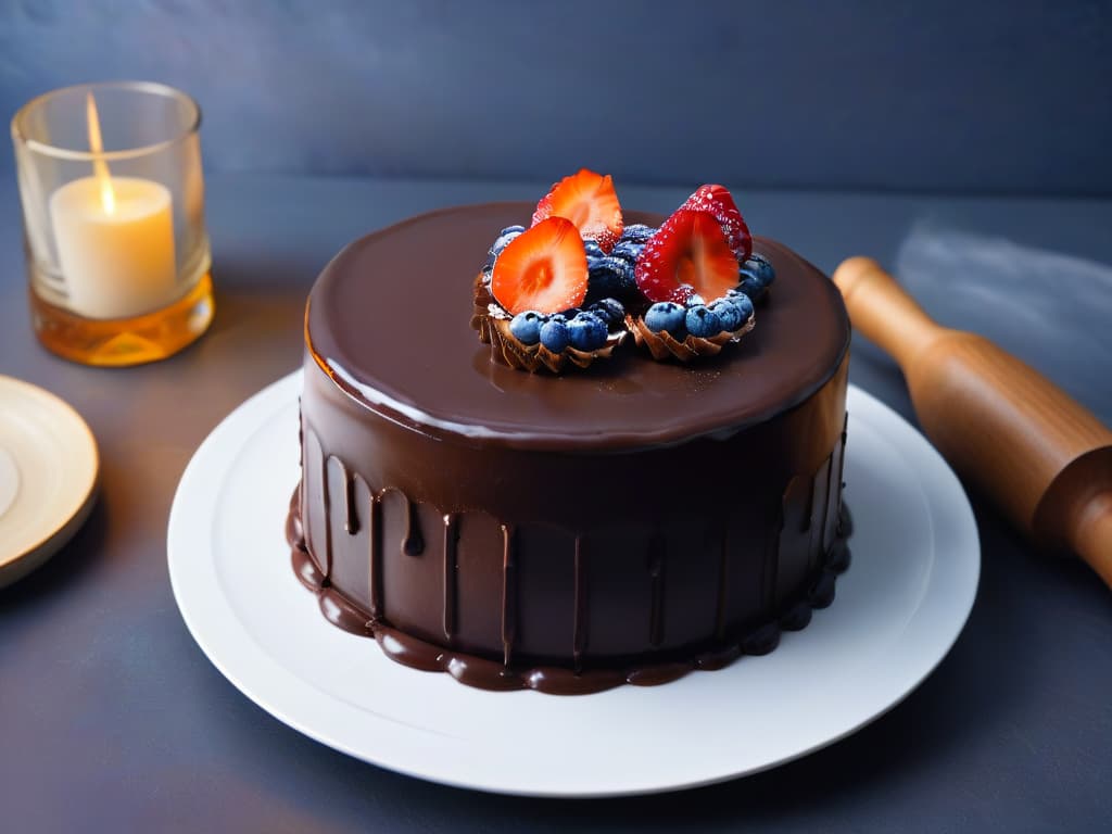  An ultradetailed closeup image of a decadent chocolate cake topped with a glossy, rich zapote negro glaze. The cake is set on a sleek, modern white plate, emphasizing the deep, dark color of the glaze contrasted against the light background. The glaze is perfectly smooth, reflecting the ambient light to create a mesmerizing shine that highlights the intricate details of the dessert, enticing the viewer with its luxurious and mysterious allure. hyperrealistic, full body, detailed clothing, highly detailed, cinematic lighting, stunningly beautiful, intricate, sharp focus, f/1. 8, 85mm, (centered image composition), (professionally color graded), ((bright soft diffused light)), volumetric fog, trending on instagram, trending on tumblr, HDR 4K, 8K