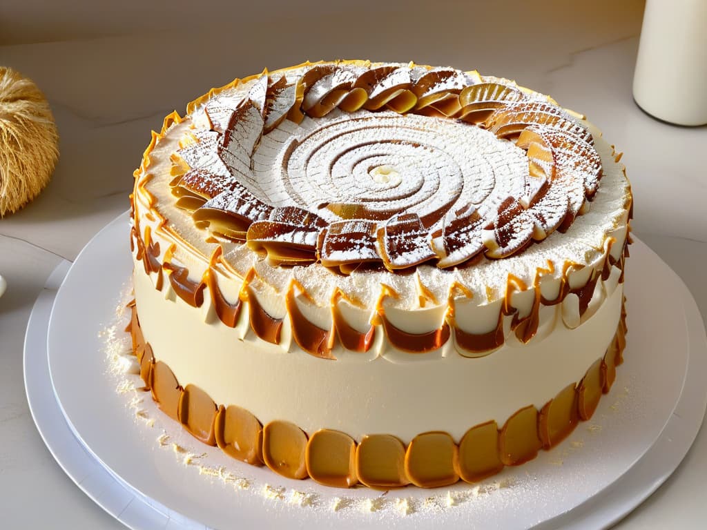  A closeup, ultradetailed image of a perfectly layered and beautifully garnished traditional Latinoamericana Milhojas cake, showcasing intricate layers of flaky pastry, luscious dulce de leche filling, and delicate whipped cream topping. The cake sits elegantly on a pristine white plate, with a dusting of powdered sugar creating a mesmerizing pattern on the surface. Each layer of the cake is visible, highlighting the precision and expertise involved in creating this delectable treat, while the soft ambient lighting accentuates the textures and colors of the dessert, inviting the viewer to savor the richness and complexity of this beloved Latin American delicacy. hyperrealistic, full body, detailed clothing, highly detailed, cinematic lighting, stunningly beautiful, intricate, sharp focus, f/1. 8, 85mm, (centered image composition), (professionally color graded), ((bright soft diffused light)), volumetric fog, trending on instagram, trending on tumblr, HDR 4K, 8K