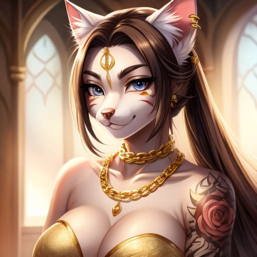  A anime with tattoos from head to toe, and cat's paws, with gold chains on her face and body, , ears and nose, piercings on her face and body to , open eyes, digital art, masterpiece, 4k, fine details,