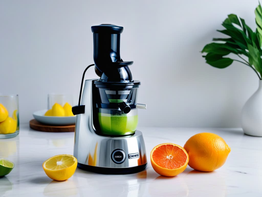  A minimaliststyle image featuring a sleek, modern citrus juicer with a chrome finish, placed on a pristine white marble countertop. The juicer is surrounded by vibrant, freshly sliced lemons, limes, and oranges, with droplets of juice glistening under soft, natural lighting. The composition exudes elegance and freshness, perfectly capturing the essence of creative citrus baking. hyperrealistic, full body, detailed clothing, highly detailed, cinematic lighting, stunningly beautiful, intricate, sharp focus, f/1. 8, 85mm, (centered image composition), (professionally color graded), ((bright soft diffused light)), volumetric fog, trending on instagram, trending on tumblr, HDR 4K, 8K