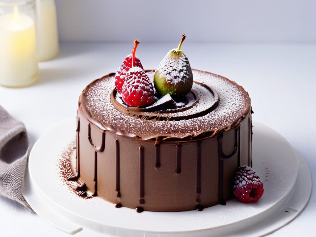  A highresolution, ultradetailed image of a perfectly sliced, decadent chocolate avocado mousse cake on a sleek, modern white plate. The cake is rich and indulgent, yet visually light and airy, showcasing layers of smooth avocado mousse and dark chocolate ganache, topped with fresh raspberries and a dusting of cocoa powder. The lighting is soft, emphasizing the glossy sheen of the ganache and the vibrant red of the raspberries against the pristine white background. hyperrealistic, full body, detailed clothing, highly detailed, cinematic lighting, stunningly beautiful, intricate, sharp focus, f/1. 8, 85mm, (centered image composition), (professionally color graded), ((bright soft diffused light)), volumetric fog, trending on instagram, trending on tumblr, HDR 4K, 8K