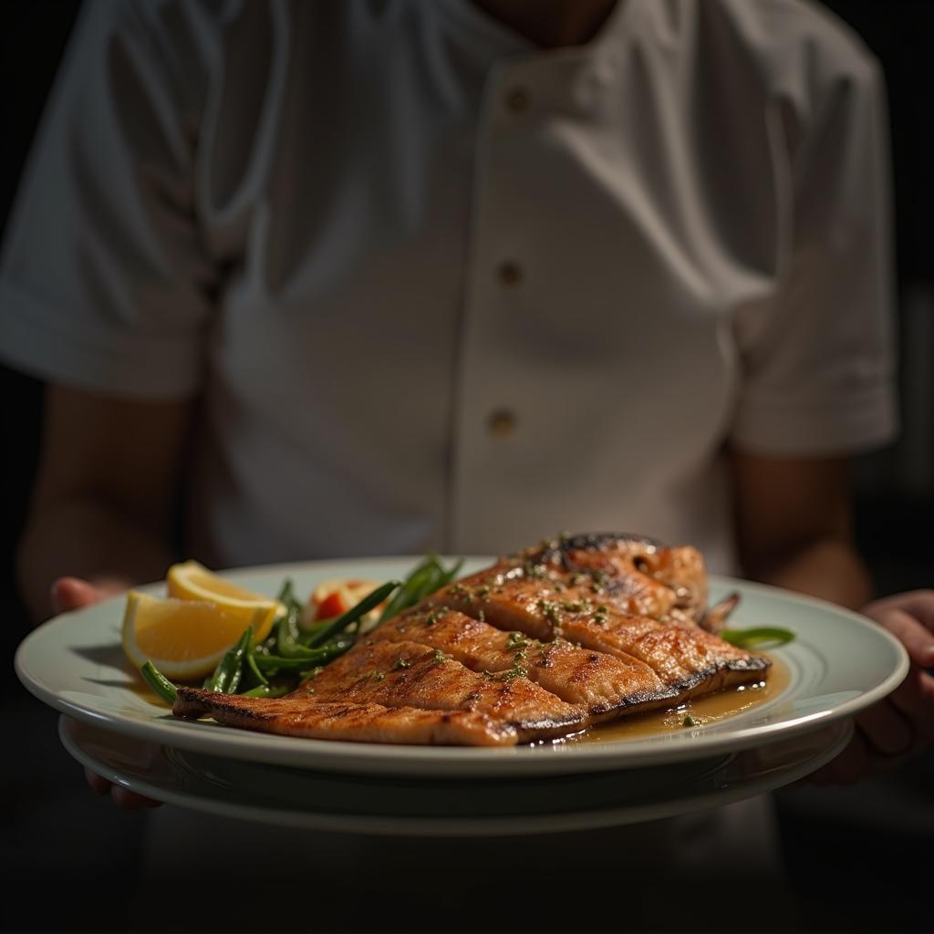  hyper realistic food photography, chef with a plate of freshly grilled fish, soft lighting, intricate details.