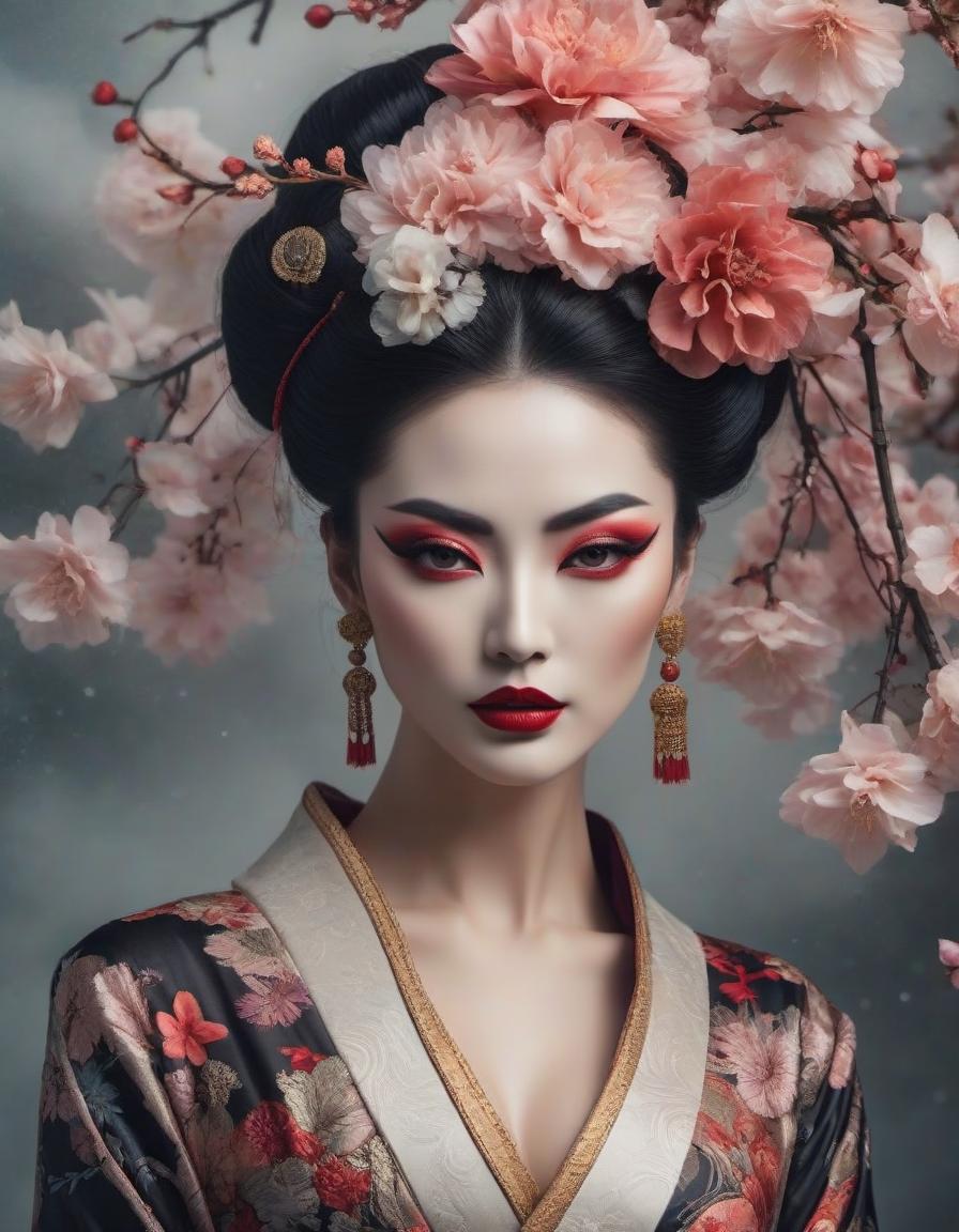  Fashion editorial style "Portrait of a Geisha, abstract surreal art nouveau, decoupage, mixed media, Gustav Klimt." . High fashion, trendy, stylish, editorial, magazine style, professional, highly detailed hyperrealistic, full body, detailed clothing, highly detailed, cinematic lighting, stunningly beautiful, intricate, sharp focus, f/1. 8, 85mm, (centered image composition), (professionally color graded), ((bright soft diffused light)), volumetric fog, trending on instagram, trending on tumblr, HDR 4K, 8K