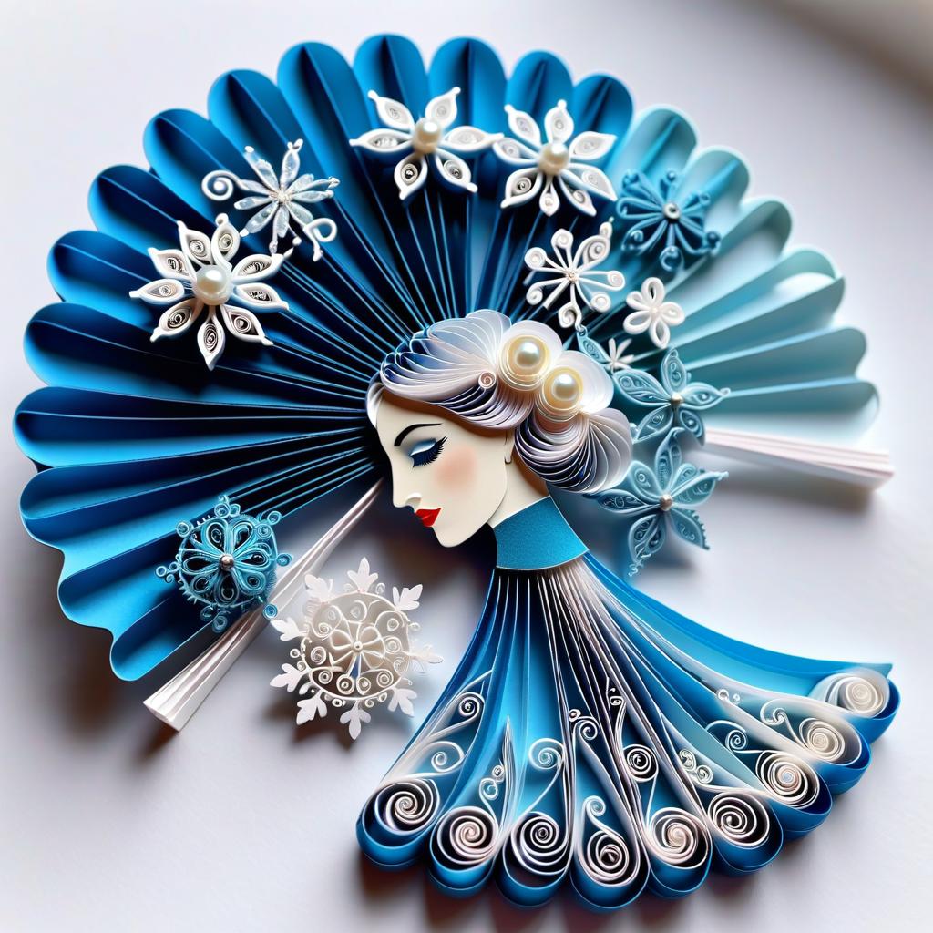  paper quilling art of (Ladies fan, winter design): colour silver blue, decorated with stars, snowflakes, frost. (Gears and shaft): silver pearl colour. (Pin): in the form of an ice cube. Empire, fantasy, baroque. . intricate, delicate, curling, rolling, shaping, coiling, loops, 3D, dimensional, ornamental hyperrealistic, full body, detailed clothing, highly detailed, cinematic lighting, stunningly beautiful, intricate, sharp focus, f/1. 8, 85mm, (centered image composition), (professionally color graded), ((bright soft diffused light)), volumetric fog, trending on instagram, trending on tumblr, HDR 4K, 8K