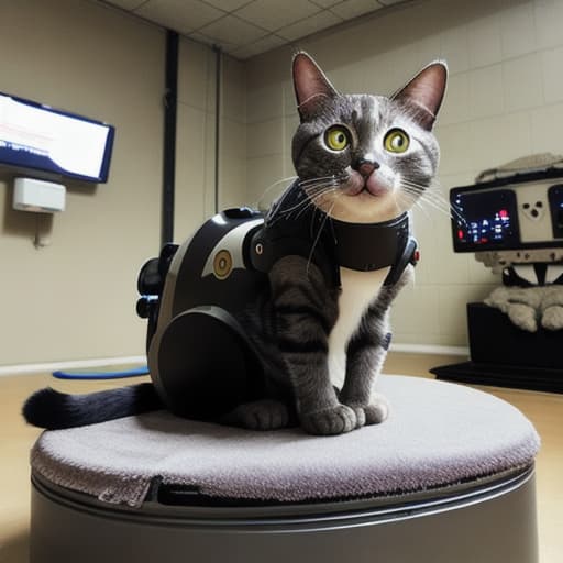  A cat sitting on top of a robot suit