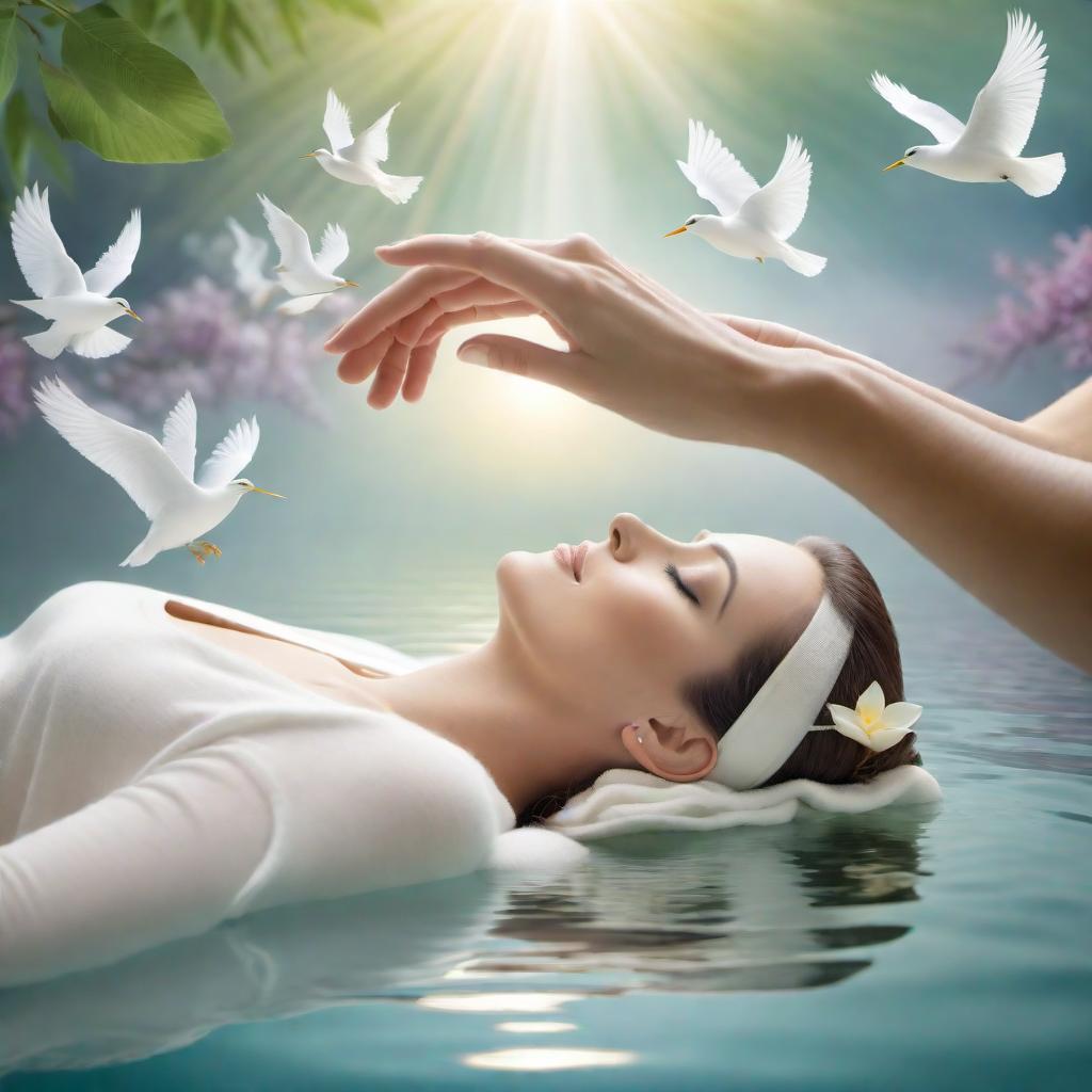  Create an image that reflects the calming and serene character of Light Touch Therapy which includes elements that represent the therapeutic process of light finger strokes across the body, symbols of tranquility, and a soothing color palette. The image should invoke a sense of peace and relaxation, and possibly include visual metaphors like soft feather touches, flowing lines, and harmonious backgrounds. Include the text 'Light Touch Therapy' in an elegant, soothing font that complements the overall vibe of the image. hyperrealistic, full body, detailed clothing, highly detailed, cinematic lighting, stunningly beautiful, intricate, sharp focus, f/1. 8, 85mm, (centered image composition), (professionally color graded), ((bright soft diffused light)), volumetric fog, trending on instagram, trending on tumblr, HDR 4K, 8K