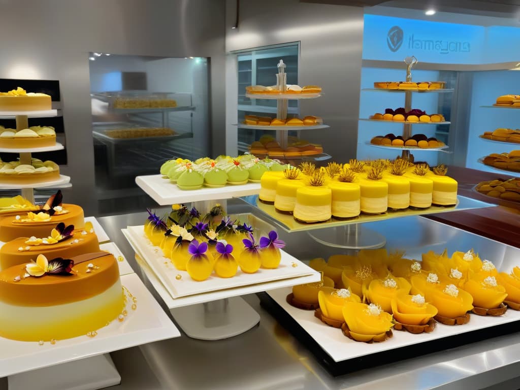  An ultrahighresolution image of a sleek, modern bakery kitchen with stainless steel countertops, minimalist white cabinets, and an array of colorful and intricately designed Thai desserts neatly displayed on elegant serving platters. The desserts include mango sticky rice, coconut pancakes, and butterfly pea flower cakes, all adorned with delicate edible flowers and gold leaf accents. The lighting is soft and warm, casting a gentle glow over the desserts and creating a luxurious and inviting ambiance. hyperrealistic, full body, detailed clothing, highly detailed, cinematic lighting, stunningly beautiful, intricate, sharp focus, f/1. 8, 85mm, (centered image composition), (professionally color graded), ((bright soft diffused light)), volumetric fog, trending on instagram, trending on tumblr, HDR 4K, 8K