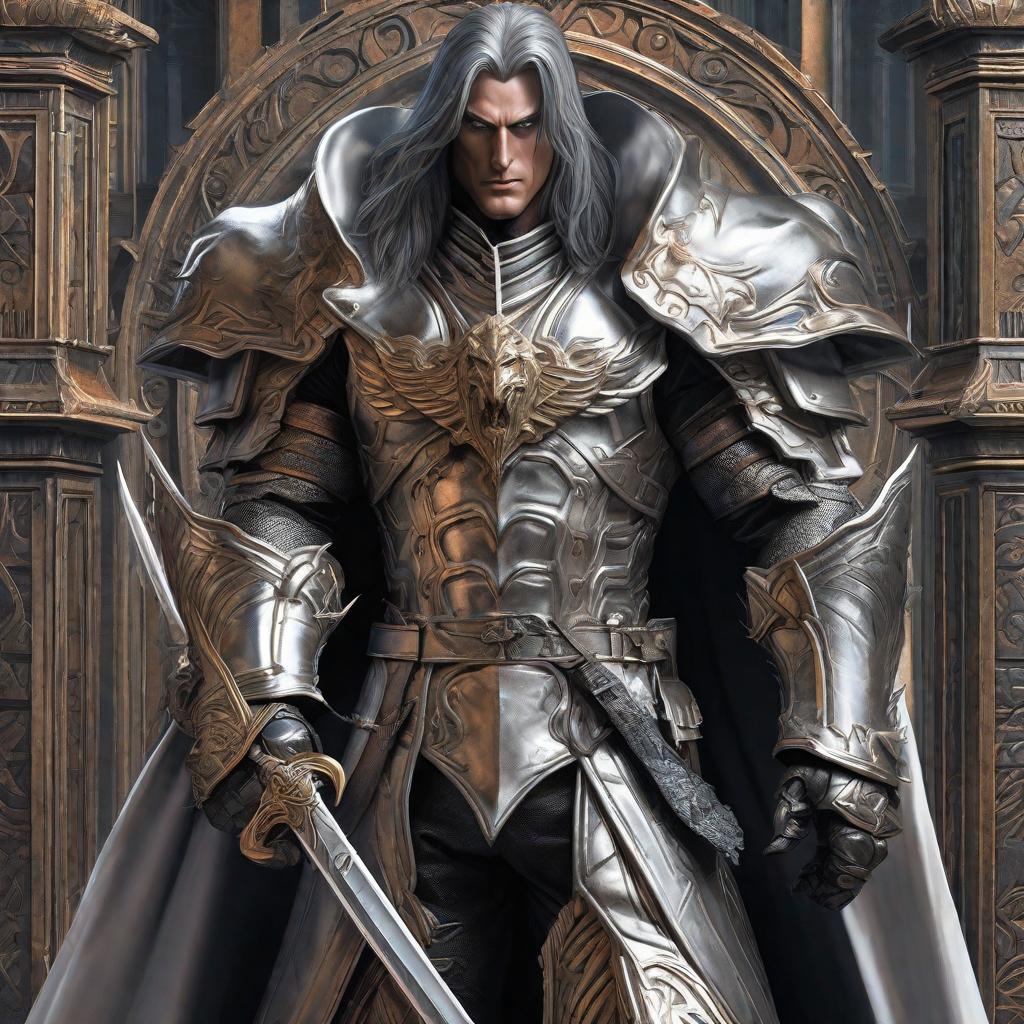  Alucard Belmont whit Berserker armor, realistic, portrait, art by donato giancola and greg rutkowski, realistic face, digital art, trending on artstation hyperrealistic, full body, detailed clothing, highly detailed, cinematic lighting, stunningly beautiful, intricate, sharp focus, f/1. 8, 85mm, (centered image composition), (professionally color graded), ((bright soft diffused light)), volumetric fog, trending on instagram, trending on tumblr, HDR 4K, 8K