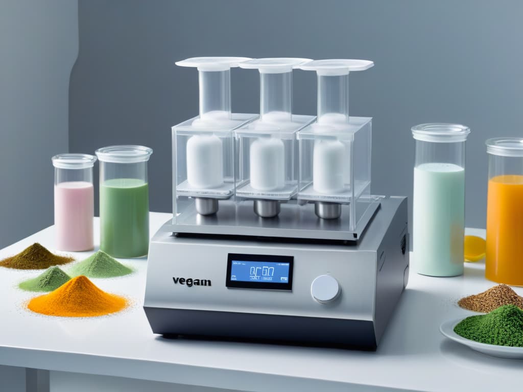  A minimalist and detailed illustration of a sleek, modern kitchen filled with hightech equipment like centrifuges, syringes, and beakers, all used for creating vegan molecular desserts. The color scheme is a blend of whites, greys, and soft pastel tones, highlighting the fusion of science and culinary art in vegan molecular pastrymaking. hyperrealistic, full body, detailed clothing, highly detailed, cinematic lighting, stunningly beautiful, intricate, sharp focus, f/1. 8, 85mm, (centered image composition), (professionally color graded), ((bright soft diffused light)), volumetric fog, trending on instagram, trending on tumblr, HDR 4K, 8K