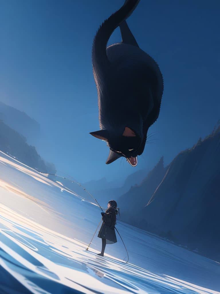  (small fish fishing:1.7、black cat that catches small fish、black cat fishing with a tail)、((icon、logotype design:1.4、symbol design))、black cat & small fish、(((on the frozen lake)))、best quality:1.4、masterpiece:1.4、ultra detailed texture、RAW photorealistic、absurd resolution、8K illustration、no background、💩、💩、💩、💩、💩、, masterpiece, best quality,8k,ultra detailed,high resolution,an extremely delicate and beautiful,hyper detail