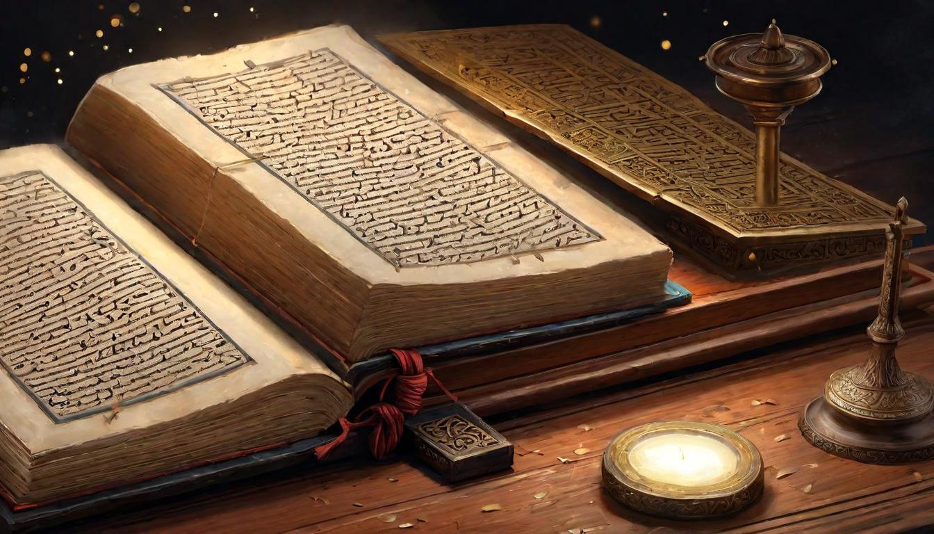  digital painting of A dusty tome open on an ancient wooden lectern, illuminated pages revealing tales of might and faith, texts in elegant Arabic calligraphy, cross cultural echoes, shared histories, intrinsic learning looking at viewer, dynamic pose, (intricate details, masterpiece, best quality)