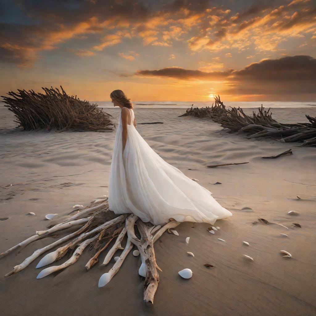  masterpiece, best quality, surreal and dreamlike photograph of a lone figure standing on a desolate beach at sunset. The figure is dressed in a flowing white gown, billowing in the wind, as if it's a part of the natural landscape. The beach is littered with seashells and driftwood, creating a sense of mystery and enchantment. The sky is filled with vibrant hues of orange, pink, and purple, casting a warm and ethereal glow over the scene. The atmosphere is serene and peaceful, evoking a feeling of tranquility and introspection. The photograph is captured using a wide-angle lens, capturing the vastness of the beach and the expansive sky. The lighting is soft and golden, casting long shadows on the sand. The realization of this image is a high