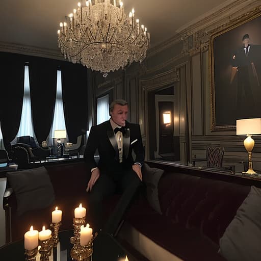  Attractive looking James Bond lookalike in black tuxedo is sitting on couch,drinking in chic guest room in Jugendstil design,shadowy inside only lit by candles on the tables and chandeliers above