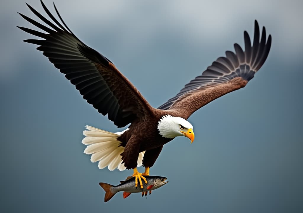  good quality, high quality, majestic bald eagle soaring with a fish in its talons