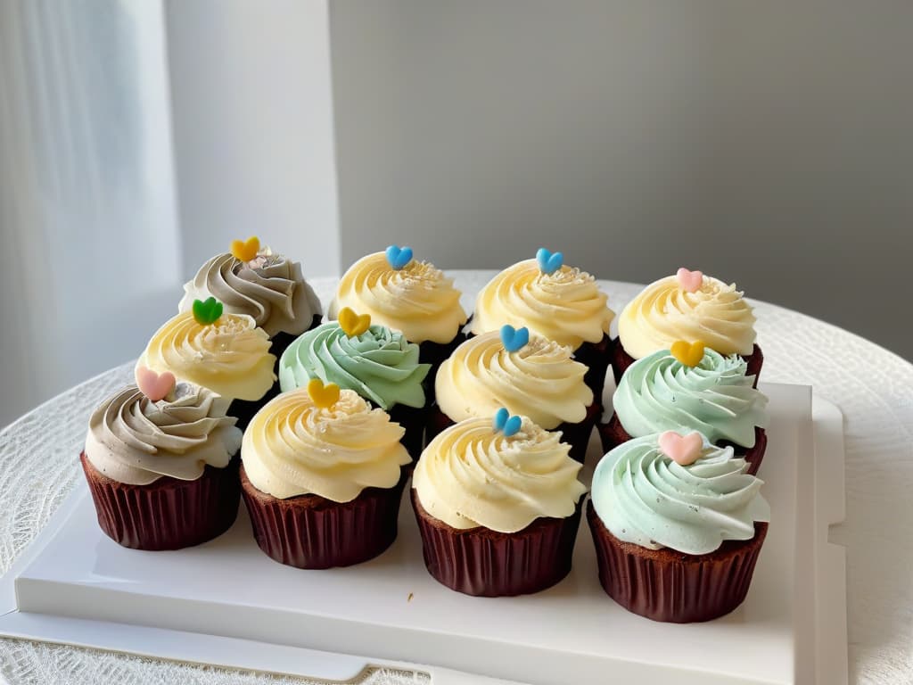  A highresolution image of a sleek, modern kitchen with a marble countertop displaying an array of beautifully decorated cupcakes in pastel colors, each topped with intricate frosting designs. The cupcakes are neatly arranged on a minimalist white plate, adding an elegant touch to the overall composition. Sunlight streams in through a nearby window, casting a soft, warm glow on the cupcakes and highlighting their exquisite details, making them look almost too perfect to eat. hyperrealistic, full body, detailed clothing, highly detailed, cinematic lighting, stunningly beautiful, intricate, sharp focus, f/1. 8, 85mm, (centered image composition), (professionally color graded), ((bright soft diffused light)), volumetric fog, trending on instagram, trending on tumblr, HDR 4K, 8K