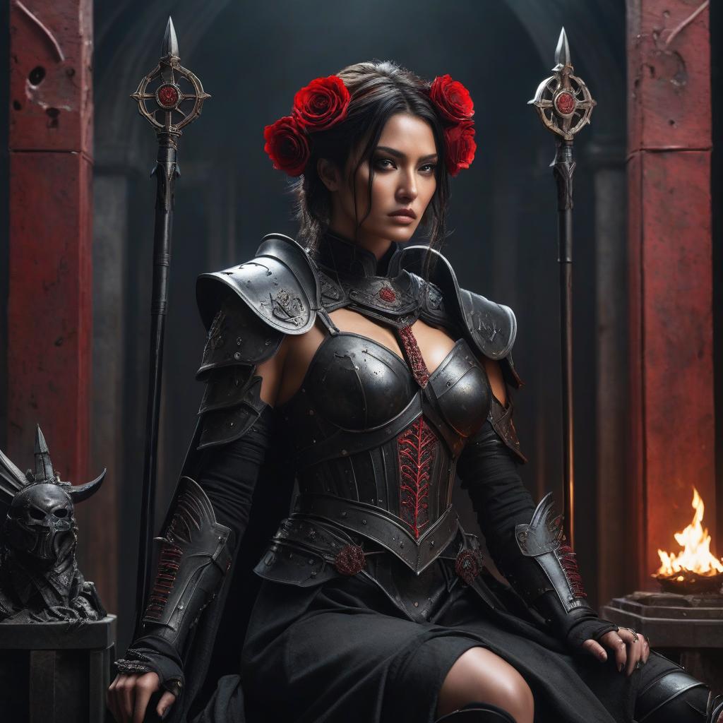  dystopian style A young woman sitting on a throne of iron, wearing imperial robes, has a black sun depicted on her shoulders. A blood red tattoo in the shape of a cross with a half moon below is on her right hand. In her left, she holds a sceptre, and in her right, a black rose. Two guards stand on each side, fully dressed in black armour, holding spears in their right hands and shields in their left. . bleak, post apocalyptic, somber, dramatic, highly detailed hyperrealistic, full body, detailed clothing, highly detailed, cinematic lighting, stunningly beautiful, intricate, sharp focus, f/1. 8, 85mm, (centered image composition), (professionally color graded), ((bright soft diffused light)), volumetric fog, trending on instagram, trending on tumblr, HDR 4K, 8K