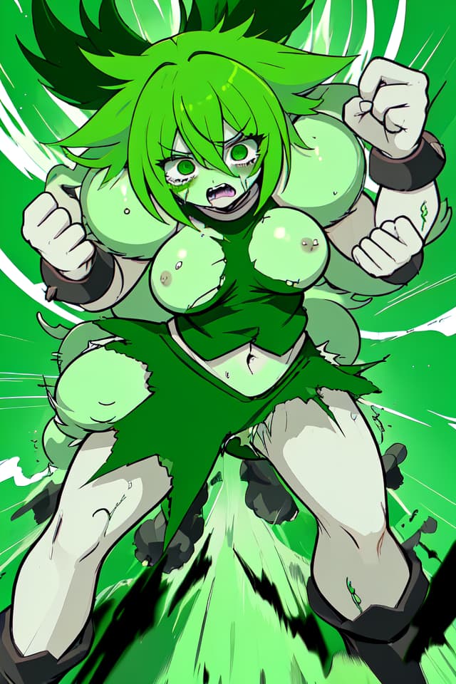  Green hair character suffering from pain, rampaging, and rampaging