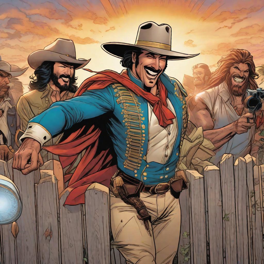  A mariachi falling down from a fence and a redneck stand up laughing. , marvel comic panel, dc animated comic panel, comic panel, manga and manhwa style panel, portrait, young person face, style for marvel comic, anime comic panel style hyperrealistic, full body, detailed clothing, highly detailed, cinematic lighting, stunningly beautiful, intricate, sharp focus, f/1. 8, 85mm, (centered image composition), (professionally color graded), ((bright soft diffused light)), volumetric fog, trending on instagram, trending on tumblr, HDR 4K, 8K