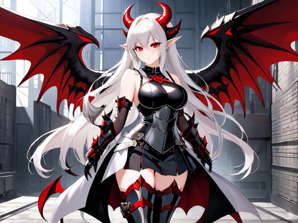  film noir style,red_eyes,1girl,horns,white_hair,long_hair,large_breasts,,pointy_ears,standing,wings,rating:safe,looking_at_viewer,demon_girl,smile,gauntlets,,thighhighs,dark_persona,pale_skinfull_body,armored_boots,boots,tail,eyebrows_visible_through_hair,bangs,armor,bare_shoulders,multiple_views,slit_pupils,weapon,black_legwear,earrings,rating:questionable,tattoo,very_long_hair,high_heels,white_skin,revealing_clothesgreaves,,closed_mouth,head_wings,veins,hair_between_eyes,,,hand_on_hip,blood,twintails,bodysuit,areolae,grey_background,black_bodysuit,pubic_tattoo,demon_horns,huge_breasts,jewelry,holding,torn_clothes,black_panties,sidelocks,gloves,body_markings,ponytail,thigh_boots,solo,areola_slip,f