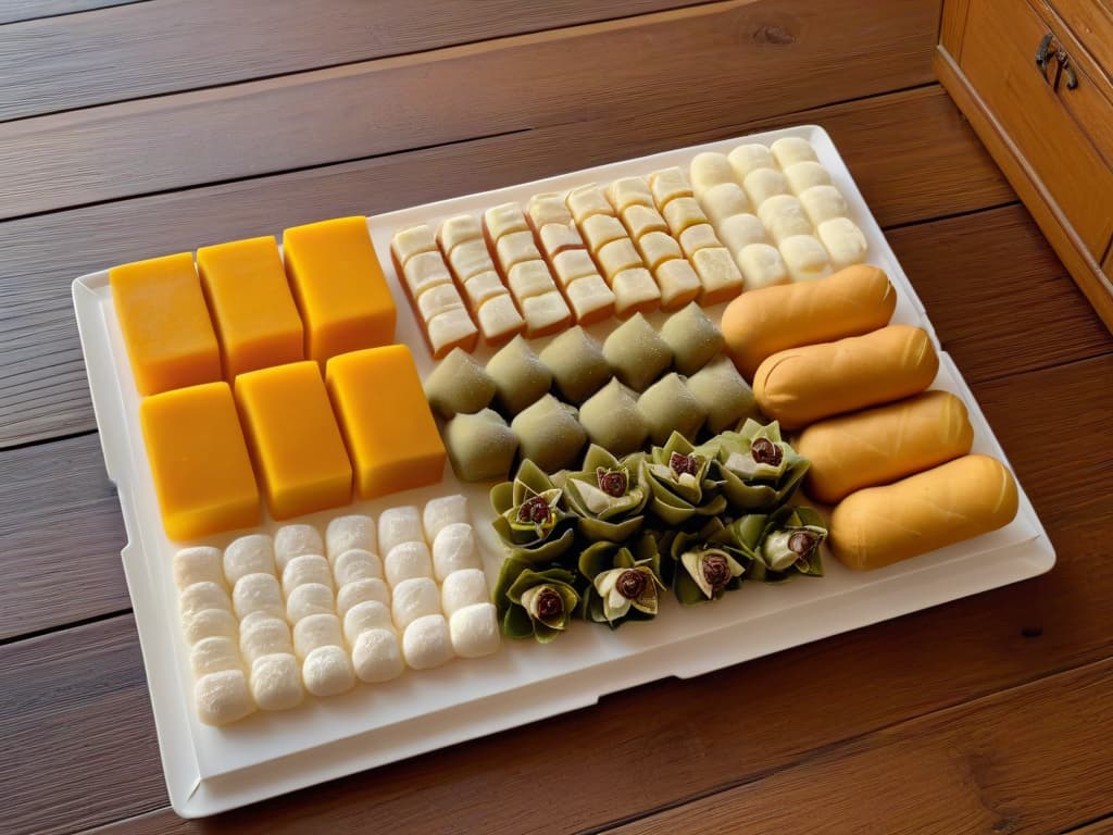  A highresolution, minimalist image of a selection of traditional Iberian convent sweets beautifully arranged on a rustic wooden table. The assortment includes intricate marzipan figurines, goldenhued yemas de Santa Teresa, and delicate huesos de santo, all exquisitely displayed on artisanal ceramic plates and surrounded by sprigs of fragrant rosemary. The soft natural light filtering through a nearby window casts a gentle glow on the treats, highlighting their texture and craftsmanship, while creating a serene and inviting ambiance. hyperrealistic, full body, detailed clothing, highly detailed, cinematic lighting, stunningly beautiful, intricate, sharp focus, f/1. 8, 85mm, (centered image composition), (professionally color graded), ((bright soft diffused light)), volumetric fog, trending on instagram, trending on tumblr, HDR 4K, 8K