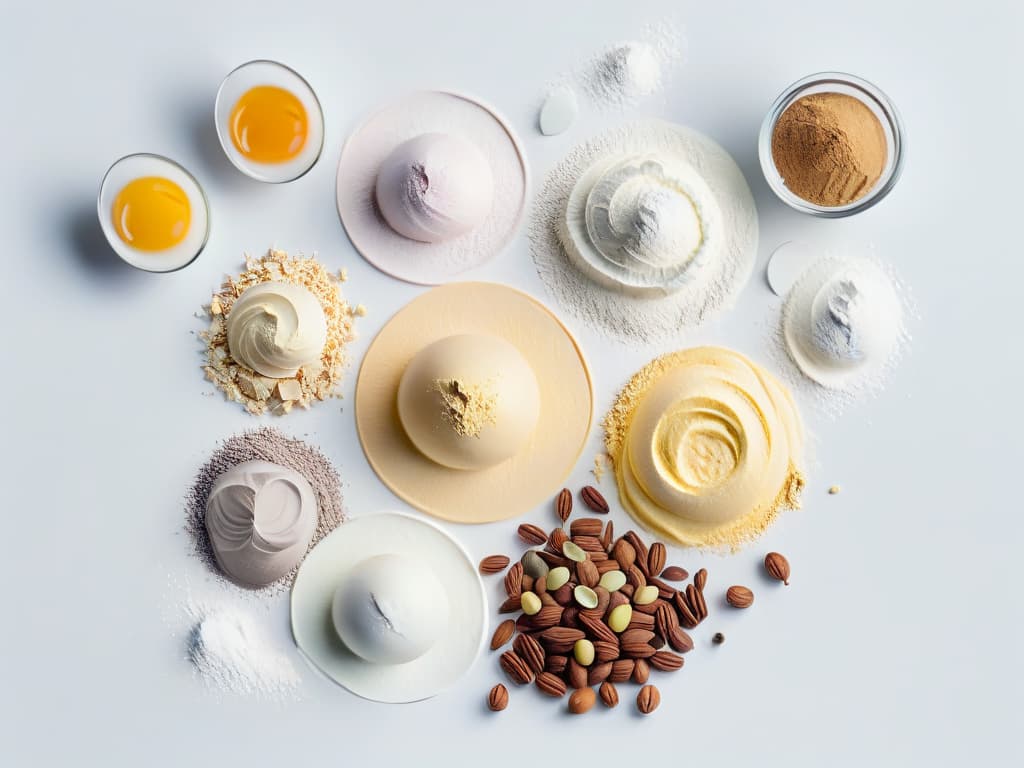  An intricately designed, minimalist illustration showcasing a diverse array of baking ingredients such as flour, sugar, eggs, and vanilla beans elegantly arranged in a harmonious composition. The image features a soft color palette of pastel tones, emphasizing the beauty and simplicity of each ingredient, with subtle shadows creating depth and dimension. Each element is meticulously detailed, highlighting the texture and form of the ingredients to inspire a sense of creativity and mindfulness in the art of sustainable baking. hyperrealistic, full body, detailed clothing, highly detailed, cinematic lighting, stunningly beautiful, intricate, sharp focus, f/1. 8, 85mm, (centered image composition), (professionally color graded), ((bright soft diffused light)), volumetric fog, trending on instagram, trending on tumblr, HDR 4K, 8K