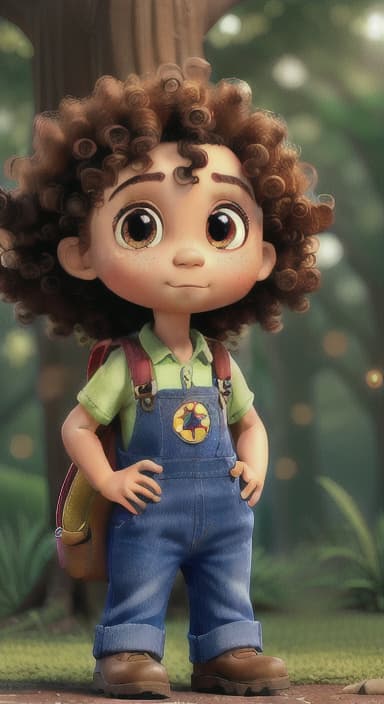  {The tree with a twinkling eye, while its leaves gently rustle., Riley, a curious with big brown eyes and curly hair, wearing overalls and carrying a small backpack. Their friend, Skye, a bluebird with shiny feathers.