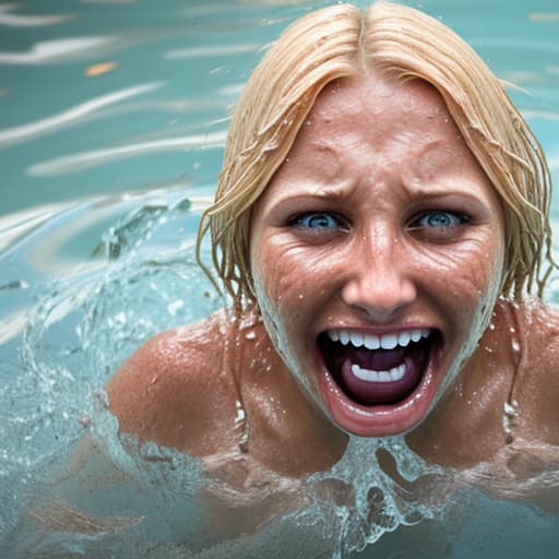  tanned blonde woman's face drowning in the water she's screaming and panic