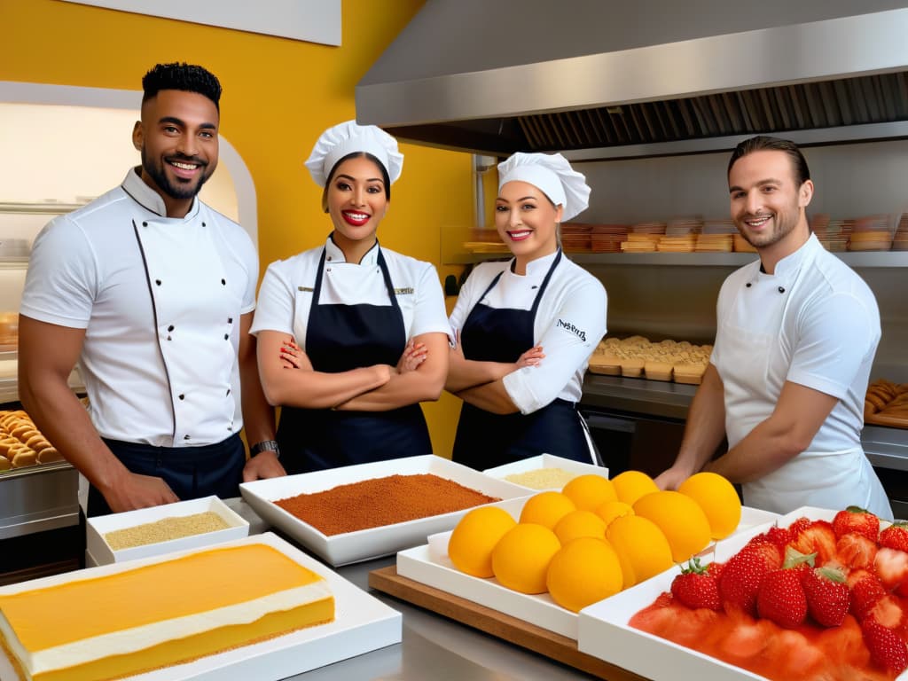  A photorealistic image of a diverse group of entrepreneurs, including men and women of different ethnicities, passionately working together in a modern, sleek bakery kitchen filled with organic, vegan ingredients. They are smiling, focused, and engaged in the process of creating beautifully decorated vegan pastries and cakes. The kitchen is welllit, showcasing stainless steel appliances, wooden countertops, and shelves lined with jars of colorful spices and fresh fruits. The atmosphere is lively, bustling, and full of creativity and innovation. hyperrealistic, full body, detailed clothing, highly detailed, cinematic lighting, stunningly beautiful, intricate, sharp focus, f/1. 8, 85mm, (centered image composition), (professionally color graded), ((bright soft diffused light)), volumetric fog, trending on instagram, trending on tumblr, HDR 4K, 8K