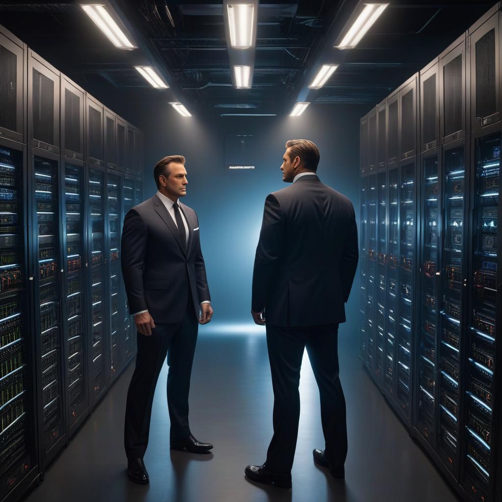  The logo of the team features two men standing in a circle, one on each side, and server racks above them. The inscription reads "The Watchers of the Eleventh". hyperrealistic, full body, detailed clothing, highly detailed, cinematic lighting, stunningly beautiful, intricate, sharp focus, f/1. 8, 85mm, (centered image composition), (professionally color graded), ((bright soft diffused light)), volumetric fog, trending on instagram, trending on tumblr, HDR 4K, 8K