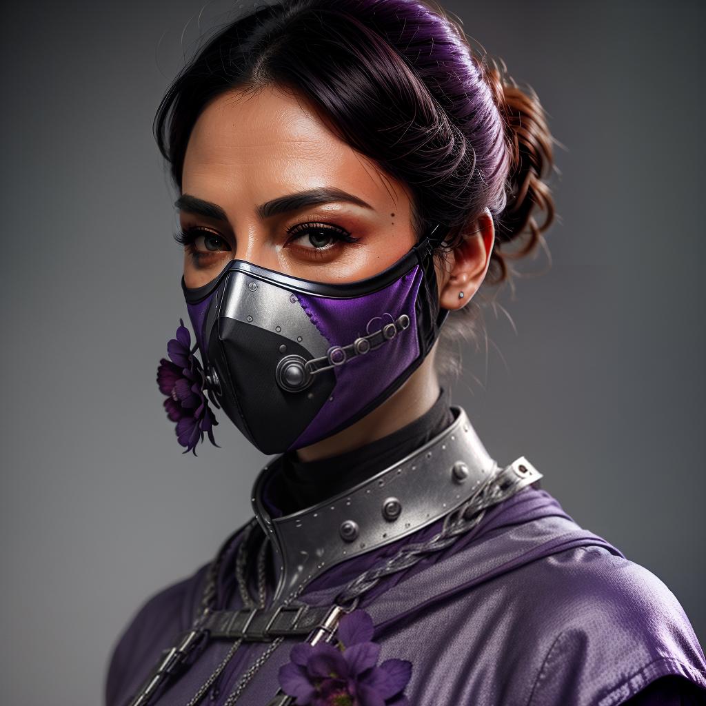  purple, full, metal, protecting, full, face, mask, for, eyes, mouth, , and, nose, on, a, female, face, decorated, with, painted, purple, flowers, detailed, mask, with, gravour, metal, steel, mask, in, full, purple, but, has, decorated, purple, dark, thick, purple, lines, on, , mask, to, emphazise, sections, on, the, metall, stell, sharp, mask, hyperrealistic, full body, detailed clothing, highly detailed, cinematic lighting, stunningly beautiful, intricate, sharp focus, f/1. 8, 85mm, (centered image composition), (professionally color graded), ((bright soft diffused light)), volumetric fog, trending on instagram, trending on tumblr, HDR 4K, 8K