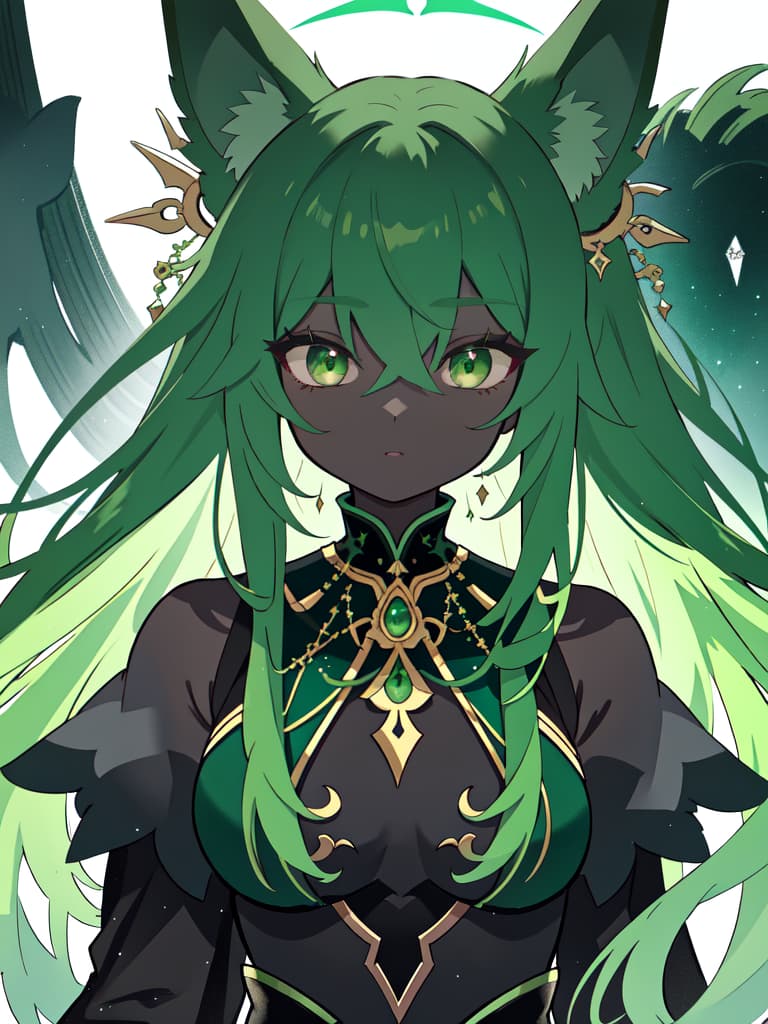  Green hair character and black Anubis, masterpiece, best quality,8k,ultra detailed,high resolution,an extremely delicate and beautiful,hyper detail