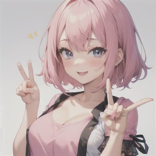  flirty girl, hair, short, shirt undone showing her lacy pink, hand doing a peace sign