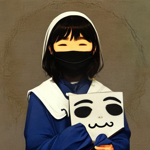  A person holds a smiling mask, but the actual expression is sad. The painting style is simple, stick figure,