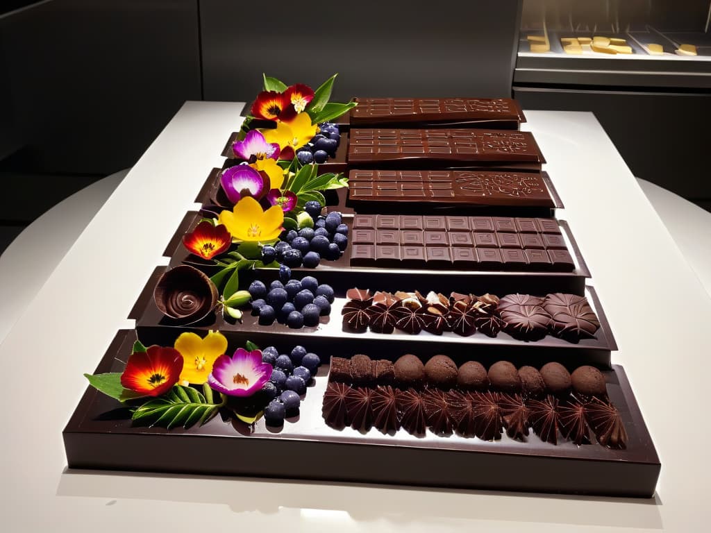  An ultradetailed image of a sleek, modern kitchen countertop adorned with an array of artisanal chocolate tablets in various shapes and sizes. Each tablet is meticulously handcrafted with intricate designs, showcasing swirls of rich dark chocolate and delicate toppings like sea salt, nuts, and edible flowers. The lighting is soft yet highlights the glossy sheen of the chocolates, creating a visually striking and mouthwatering display that embodies the essence of artisanal chocolate craftsmanship. hyperrealistic, full body, detailed clothing, highly detailed, cinematic lighting, stunningly beautiful, intricate, sharp focus, f/1. 8, 85mm, (centered image composition), (professionally color graded), ((bright soft diffused light)), volumetric fog, trending on instagram, trending on tumblr, HDR 4K, 8K