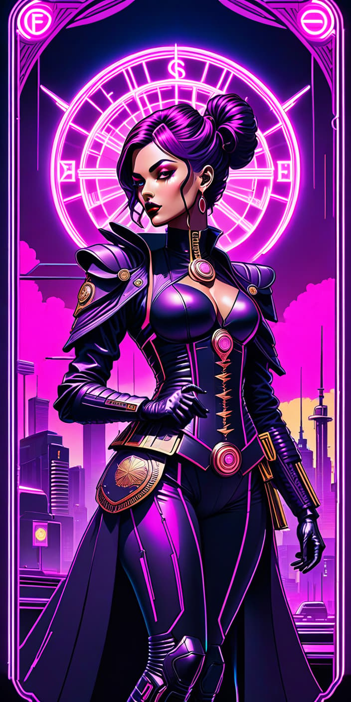  neonpunk style Tarot Card Acquisition . cyberpunk, vaporwave, neon, vibes, vibrant, stunningly beautiful, crisp, detailed, sleek, ultramodern, magenta highlights, dark purple shadows, high contrast, cinematic, ultra detailed, intricate, professional hyperrealistic, full body, detailed clothing, highly detailed, cinematic lighting, stunningly beautiful, intricate, sharp focus, f/1. 8, 85mm, (centered image composition), (professionally color graded), ((bright soft diffused light)), volumetric fog, trending on instagram, trending on tumblr, HDR 4K, 8K