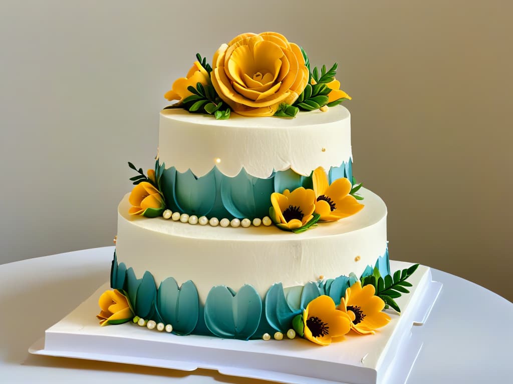  A closeup, ultradetailed image of a perfectly sculpted fondant flower on top of a meticulously crafted threetiered wedding cake, showcasing intricate details, delicate textures, and vibrant colors. hyperrealistic, full body, detailed clothing, highly detailed, cinematic lighting, stunningly beautiful, intricate, sharp focus, f/1. 8, 85mm, (centered image composition), (professionally color graded), ((bright soft diffused light)), volumetric fog, trending on instagram, trending on tumblr, HDR 4K, 8K