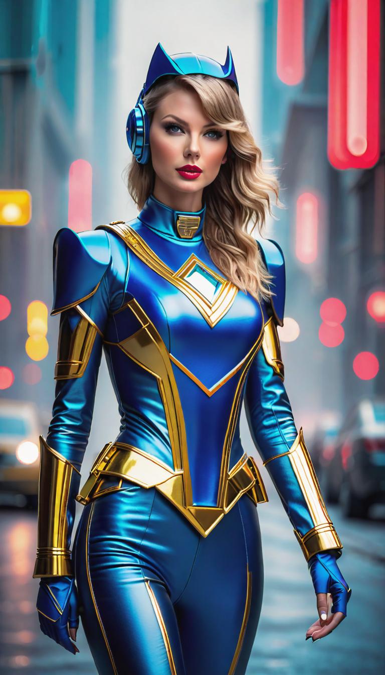  Cyberpunk style depiction of Taylor Swift as a Blue Power Ranger no helmet . The scene is set in a world where technology has advanced, but society and human conditions have not, creating a gritty, dystopian atmosphere. hyperrealistic, full body, detailed clothing, highly detailed, cinematic lighting, stunningly beautiful, intricate, sharp focus, f/1. 8, 85mm, (centered image composition), (professionally color graded), ((bright soft diffused light)), volumetric fog, trending on instagram, trending on tumblr, HDR 4K, 8K