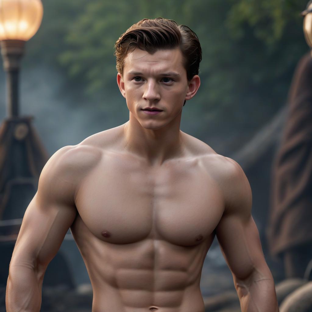  Tom Holland without a shirt hyperrealistic, full body, detailed clothing, highly detailed, cinematic lighting, stunningly beautiful, intricate, sharp focus, f/1. 8, 85mm, (centered image composition), (professionally color graded), ((bright soft diffused light)), volumetric fog, trending on instagram, trending on tumblr, HDR 4K, 8K