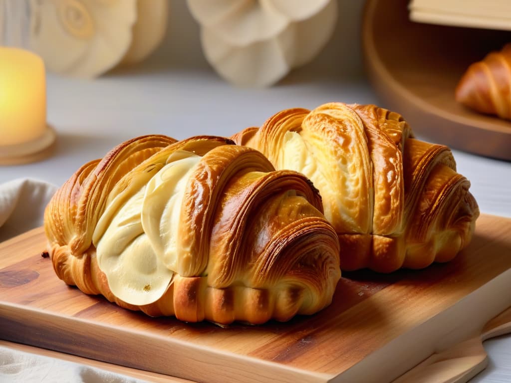  An ultradetailed image of a beautifully crafted croissant, showcasing its flaky layers and golden crust, placed on a rustic wooden cutting board against a soft, blurred background that hints at a cozy bakery setting. The lighting highlights the delicate swirls and texture of the pastry, creating a mouthwatering and inviting visual that perfectly captures the artistry and skill of baking. hyperrealistic, full body, detailed clothing, highly detailed, cinematic lighting, stunningly beautiful, intricate, sharp focus, f/1. 8, 85mm, (centered image composition), (professionally color graded), ((bright soft diffused light)), volumetric fog, trending on instagram, trending on tumblr, HDR 4K, 8K