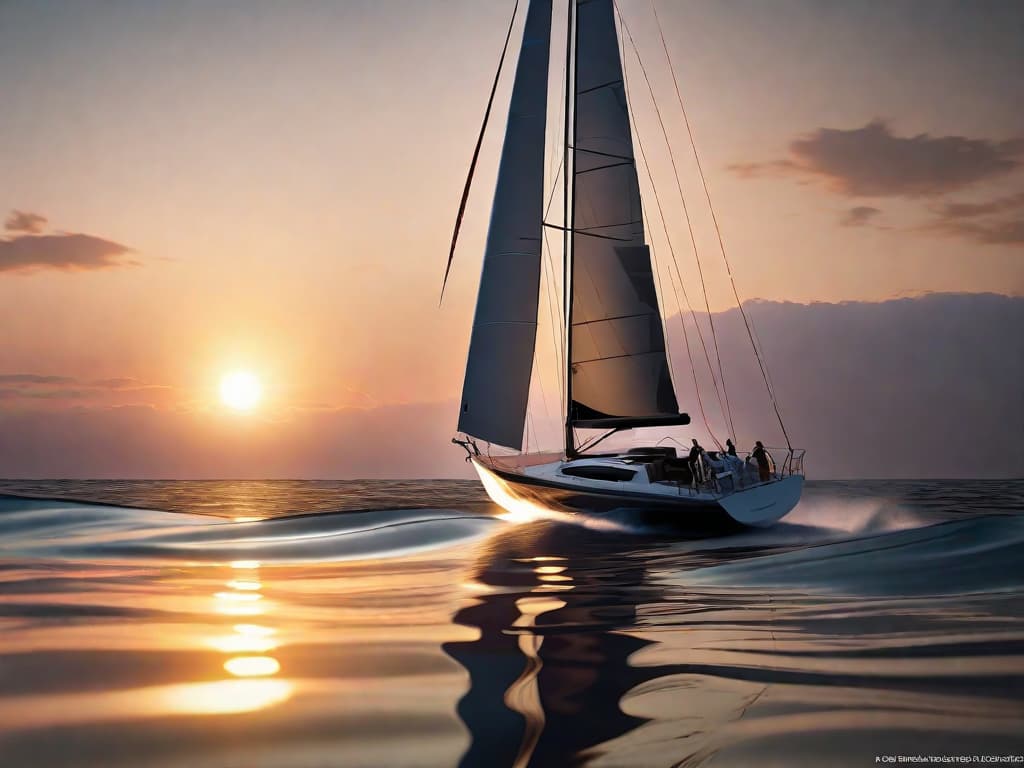  A sleek sailboat gliding through calm waters, with a clear horizon ahead and a rising sun in the background, symbolizing smooth navigation and new opportunities. digital art, ilustration, no flares, clean hyperrealistic, full body, detailed clothing, highly detailed, cinematic lighting, stunningly beautiful, intricate, sharp focus, f/1. 8, 85mm, (centered image composition), (professionally color graded), ((bright soft diffused light)), volumetric fog, trending on instagram, trending on tumblr, HDR 4K, 8K