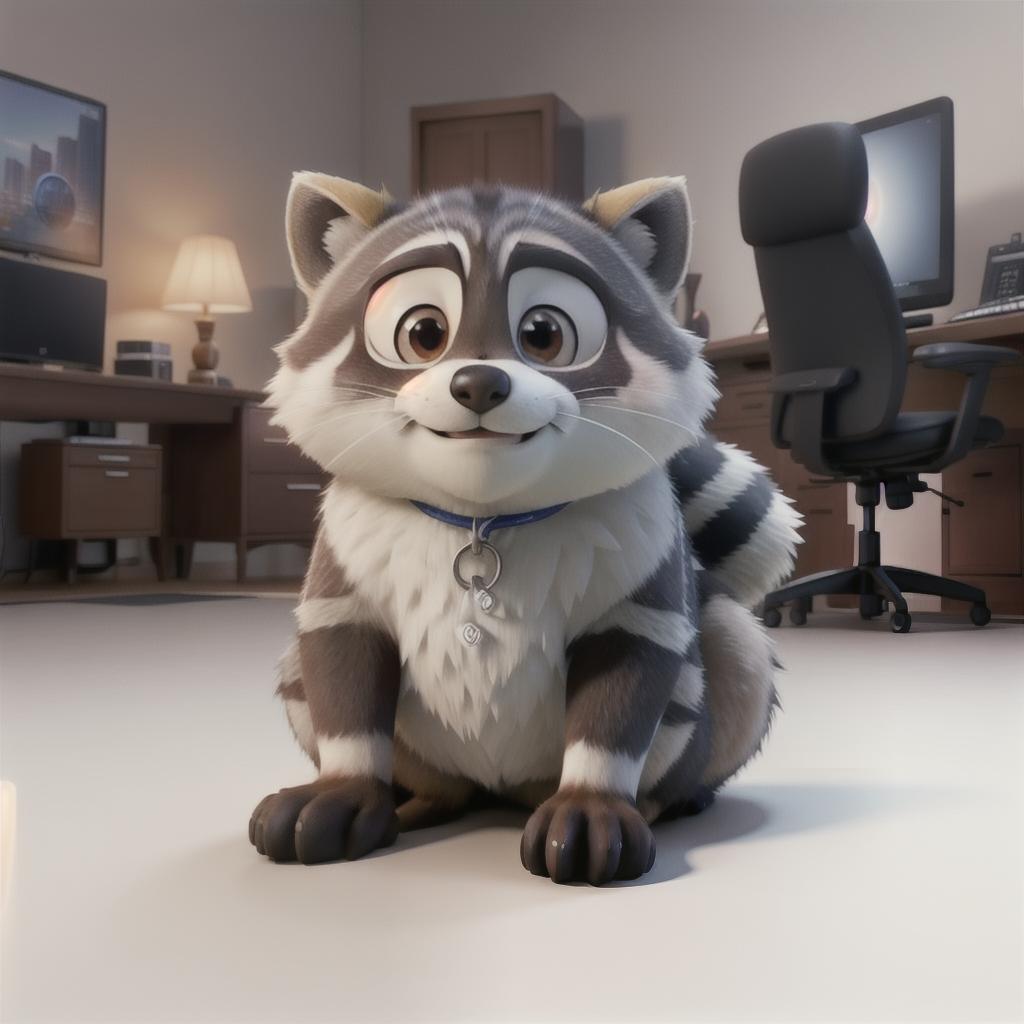  raccoon sitting in gaming chair front a computer on desktop, ((semi anthropomorphic)),(full body), tail, belly, sitting, fat, (chubby), (((white background))), solo, desktop, gaming chair, side view,  [[[clothes]]] hyperrealistic, full body, detailed clothing, highly detailed, cinematic lighting, stunningly beautiful, intricate, sharp focus, f/1. 8, 85mm, (centered image composition), (professionally color graded), ((bright soft diffused light)), volumetric fog, trending on instagram, trending on tumblr, HDR 4K, 8K