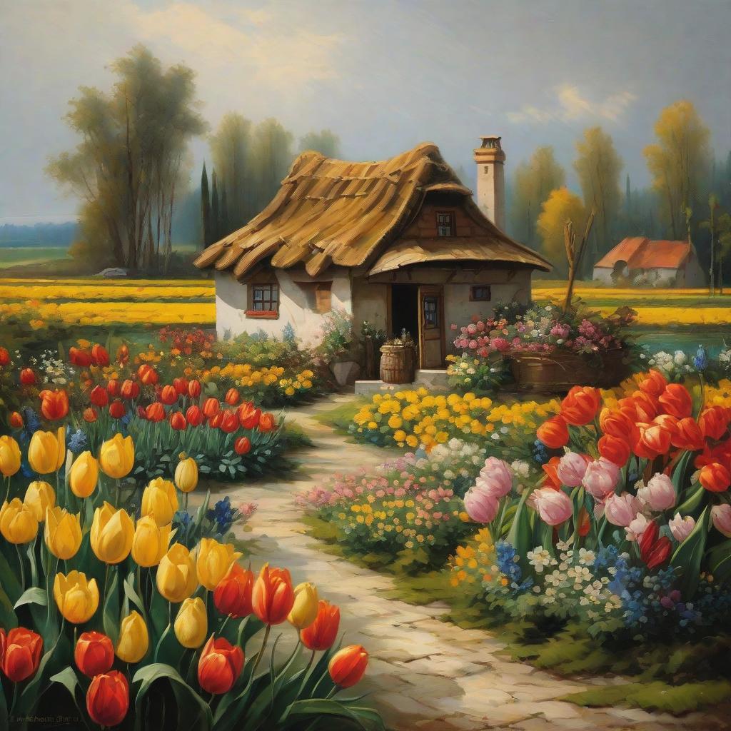  masterpiece, best quality,Miniature landscape, a hut with various flowers on the roof, tulips, sunflowers, roses, etc.