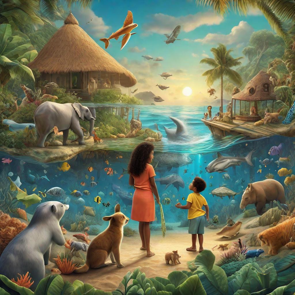  "A young child and their mother arriving on an island full of diverse animals, both of them wearing surprised expressions. In the background, hint at the beginning of an underwater journey with mysterious sea creatures. The whole scene should look magical and suitable for a children's storybook."((masterpiece)), best quality, very detailed, high resolution, sharp, sharp image, extremely detailed, 4k, 8k, fairytale hyperrealistic, full body, detailed clothing, highly detailed, cinematic lighting, stunningly beautiful, intricate, sharp focus, f/1. 8, 85mm, (centered image composition), (professionally color graded), ((bright soft diffused light)), volumetric fog, trending on instagram, trending on tumblr, HDR 4K, 8K